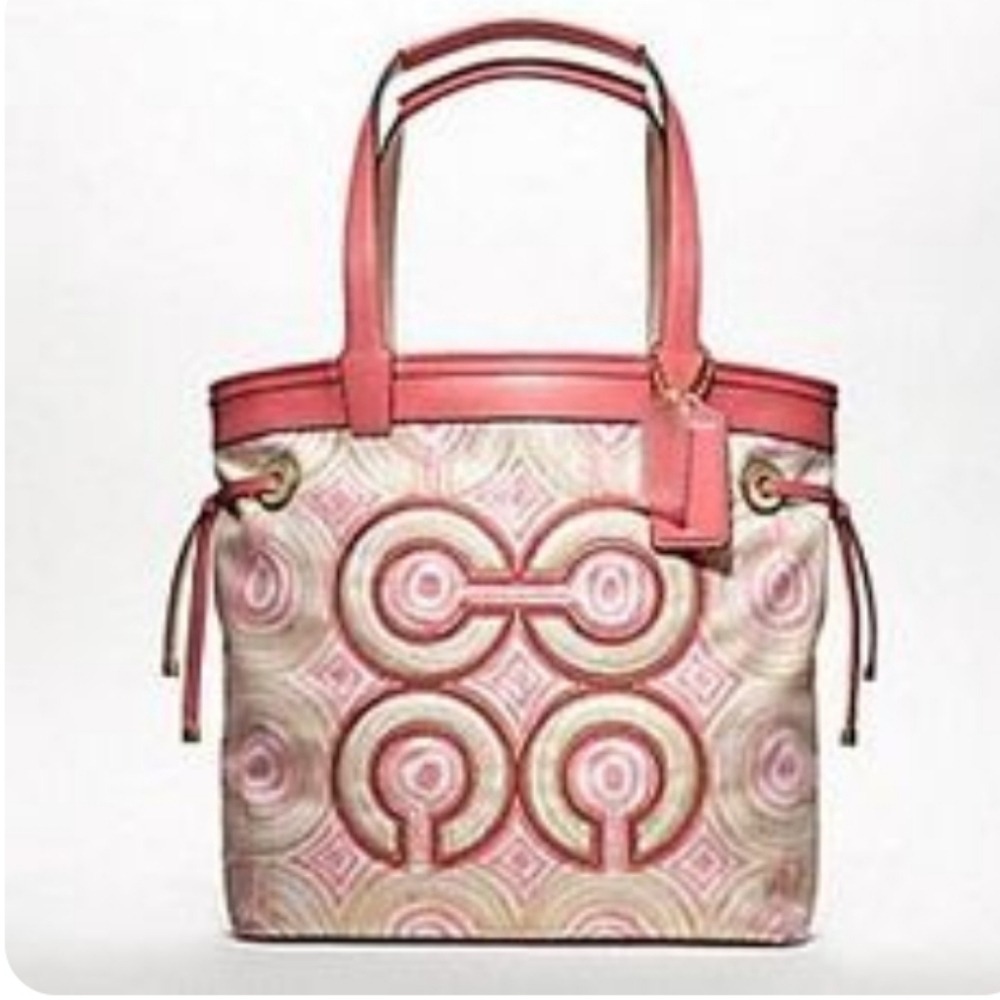 Coach Audrey Signature OP Art Leigh Tote Bag Coral Pink Canvas Leather NWOT